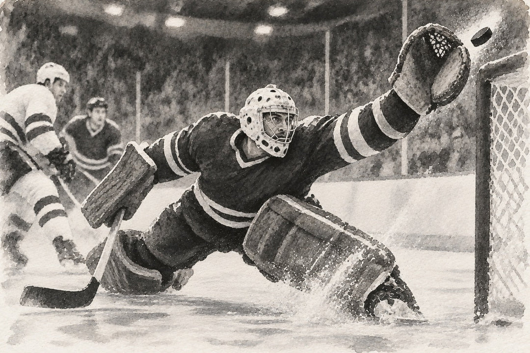 Black-and-white watercolor illustration of a hockey goaltender making a glove save during a playoff game, evoking Glenn Healy's style in net.