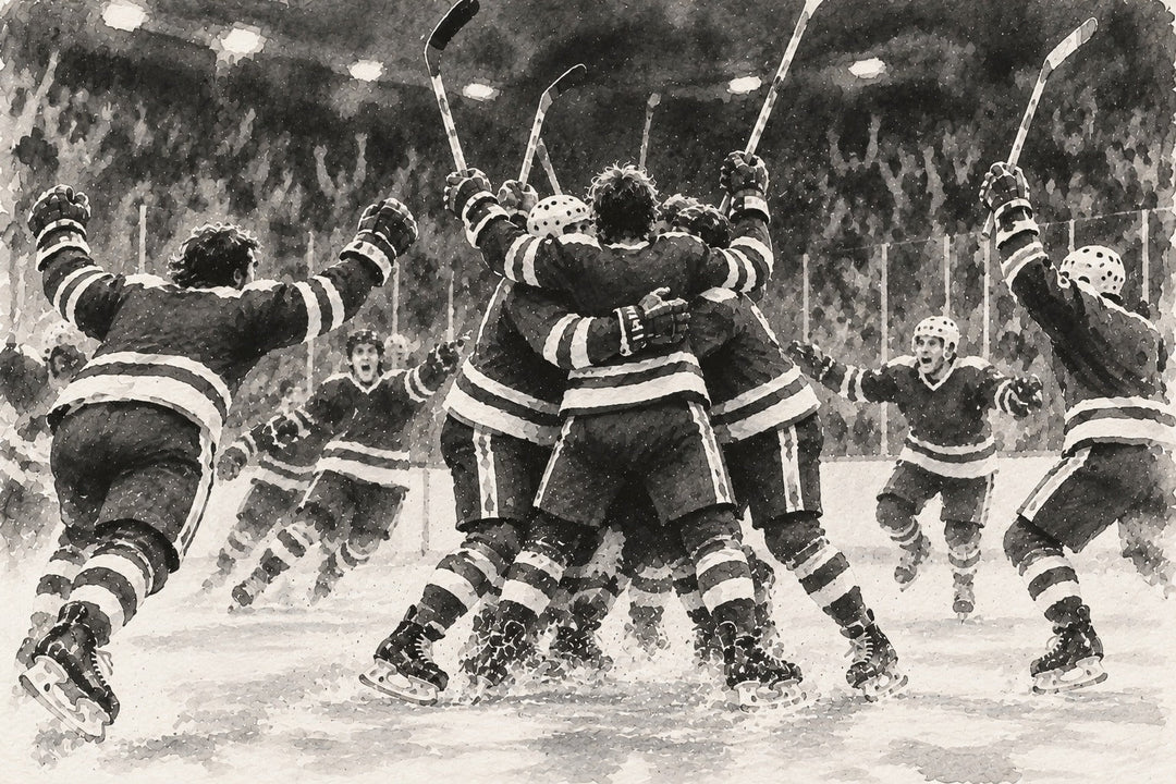 Black-and-white watercolor illustration of a 1970s-era Montreal Canadiens hockey team celebrating a championship win on the ice.