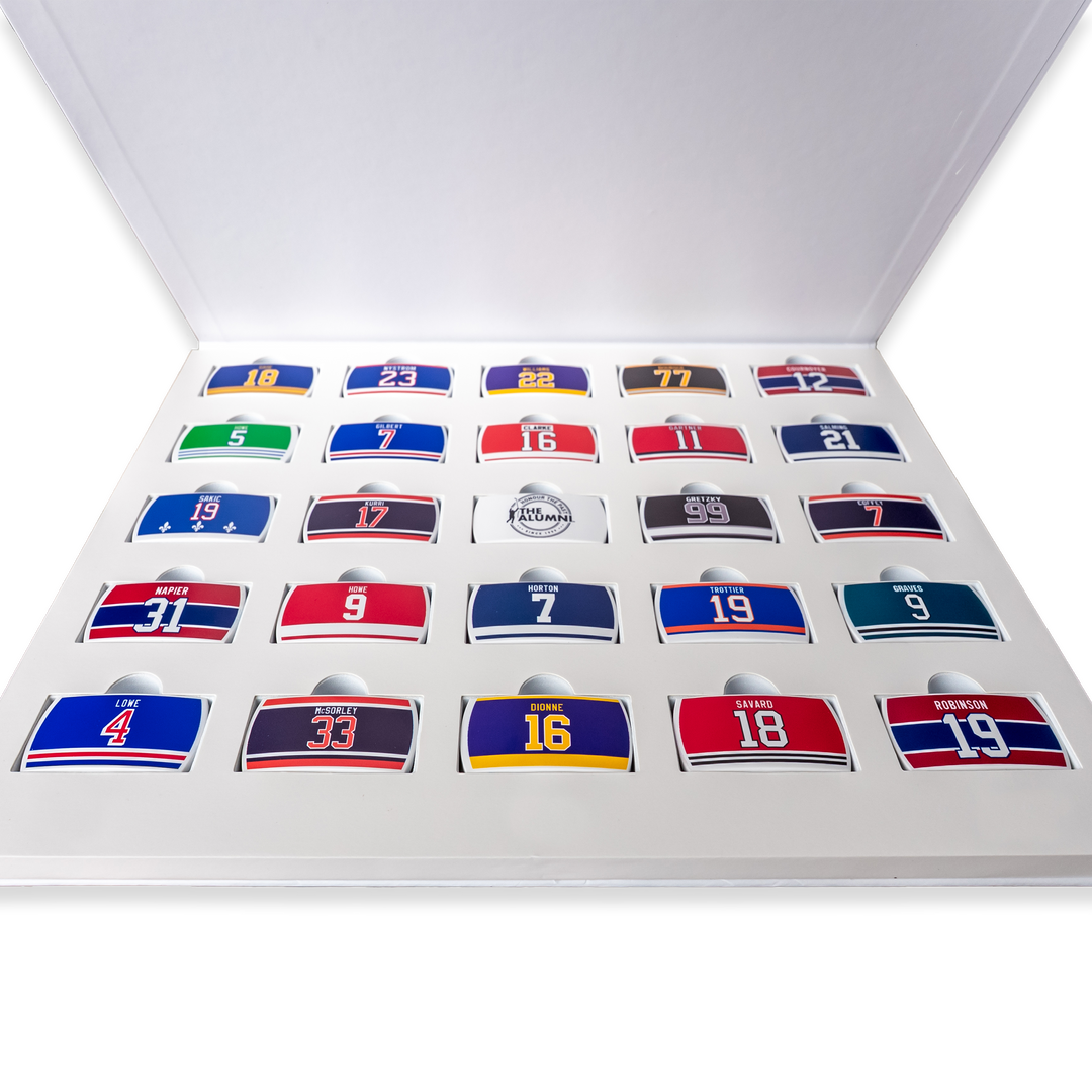 A front view of the ZippyBack™ Players Series set, officially licensed NHL Alumni Association wearable collectibles.