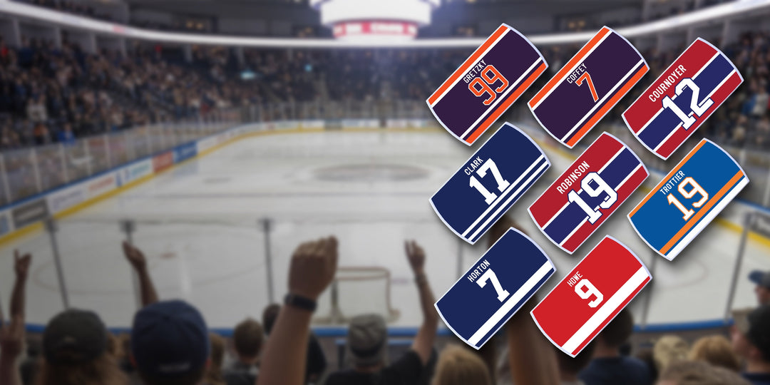 Nine retired hockey jerseys with various numbers and colors are displayed over a blurred ice hockey rink, with fans raising their arms in the stands.