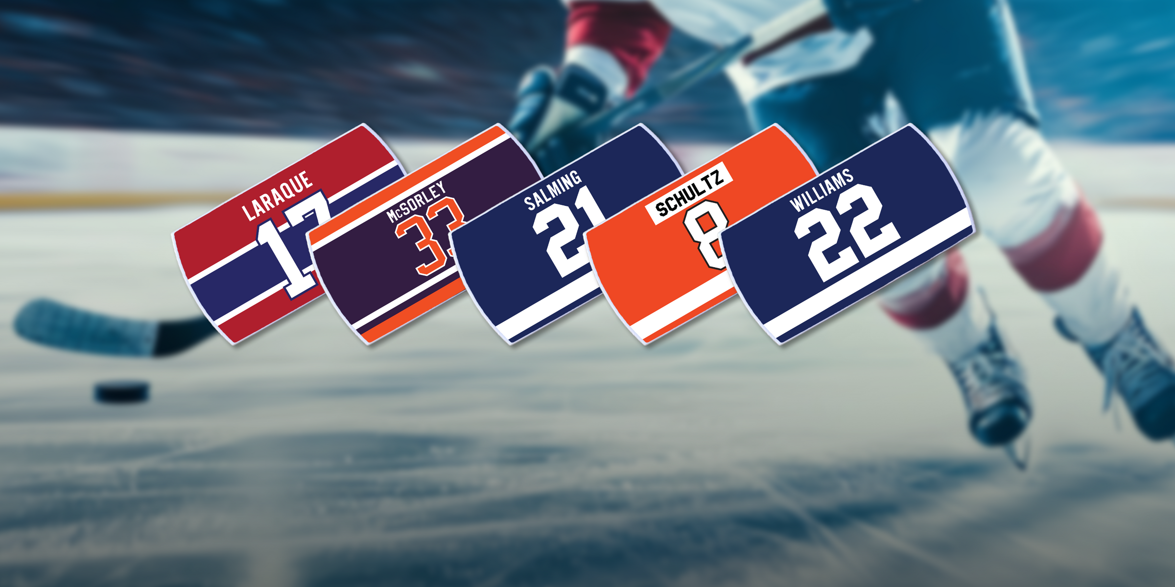 Five hockey jerseys with the names Laraque, McSorley, Salming, Schultz, and Williams, displayed on an ice rink with a blurred hockey player skating in the background.