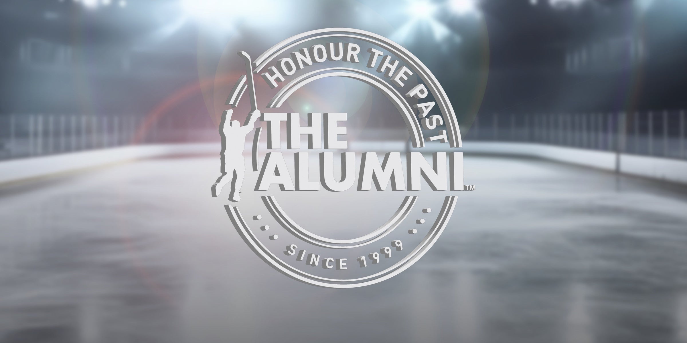 A silver logo reading Honour the Past, The Alumni, Since 1999 with a hockey player silhouette, overlaid on a blurred ice hockey rink background with bright lights.