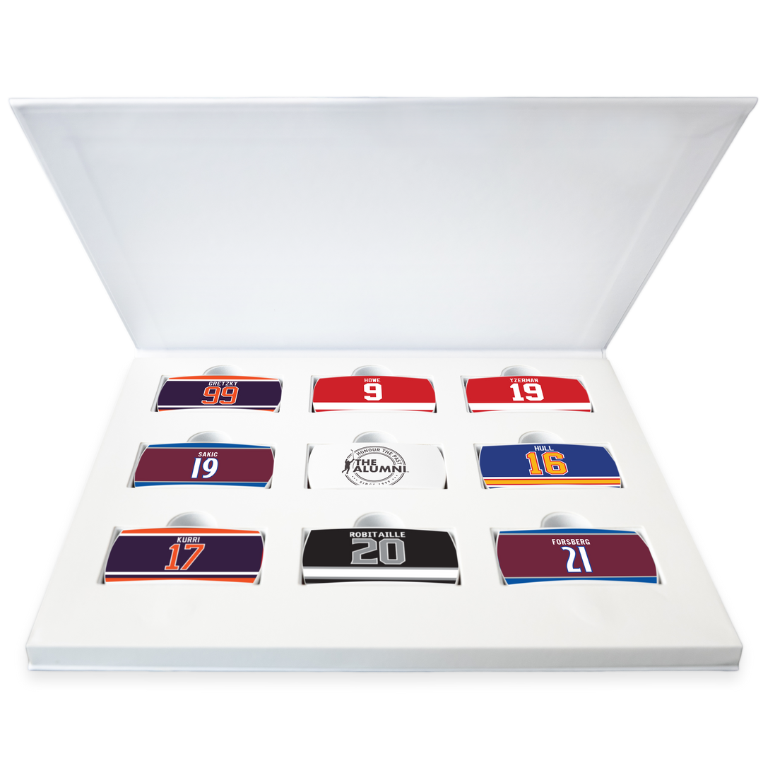 Nine retired hockey jerseys with various numbers and colors are displayed over a blurred ice hockey rink, with fans raising their arms in the stands.