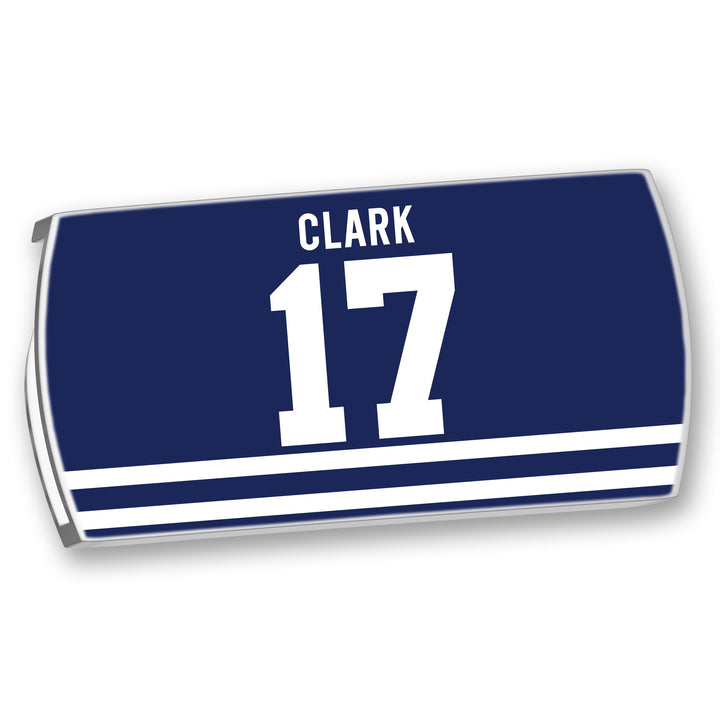 A navy blue rectangular ZippyBack™ with white stripes at the bottom, featuring Wendel Clark and the number 17 in bold white—a tribute to hockey legend Wendel Clark.