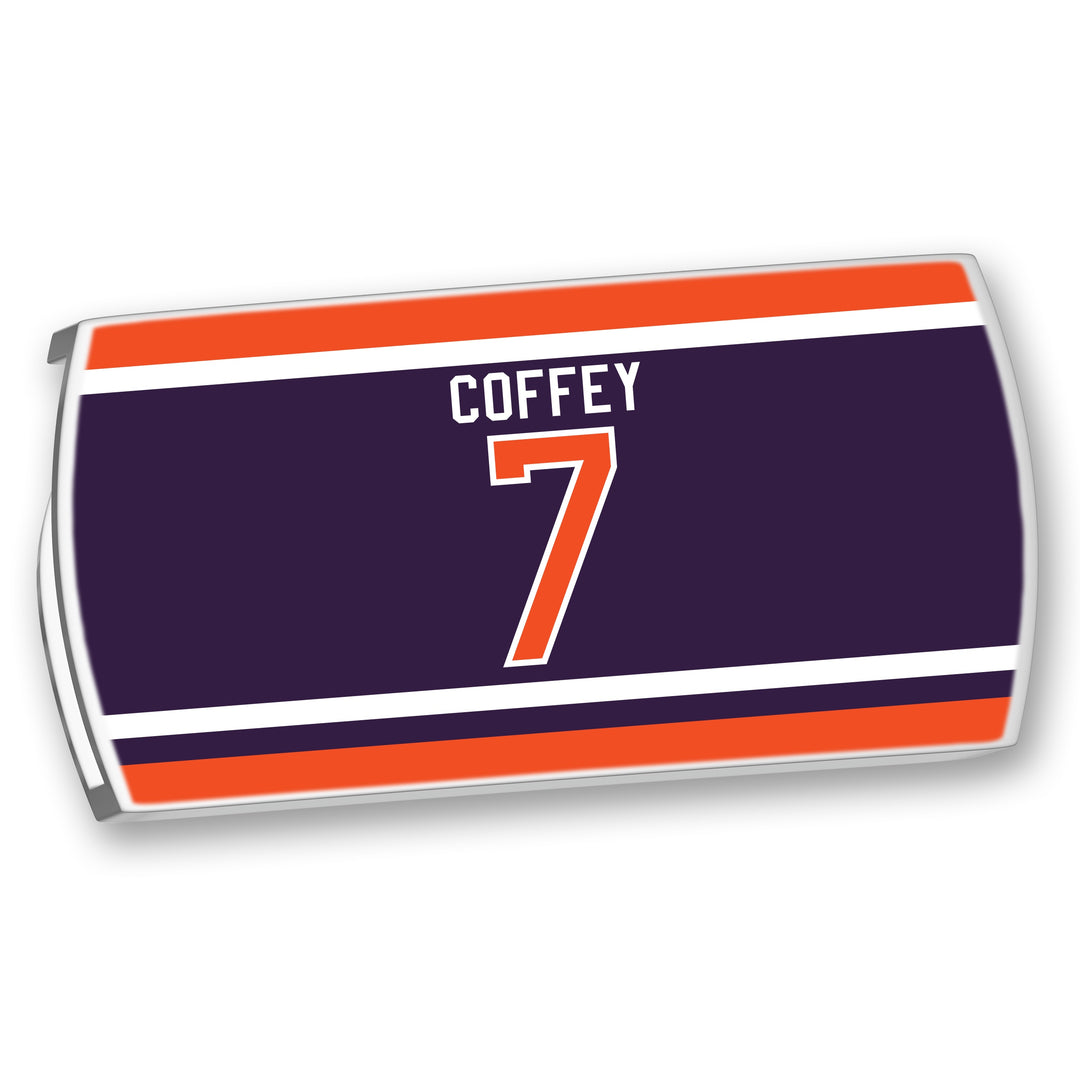 A ZippyBack™ Limited Edition Rafters Series 1 hockey jersey nameplate featuring Paul Coffey's name and number 7 on a dark blue background with orange and white stripes.
