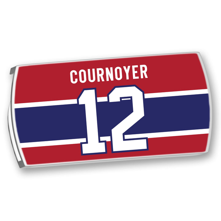 The ZippyBack™ Yvan Cournoyer nameplate is red with a blue and white stripe, showcasing Cournoyer's name—famed for his speed—above the bold white number 12.