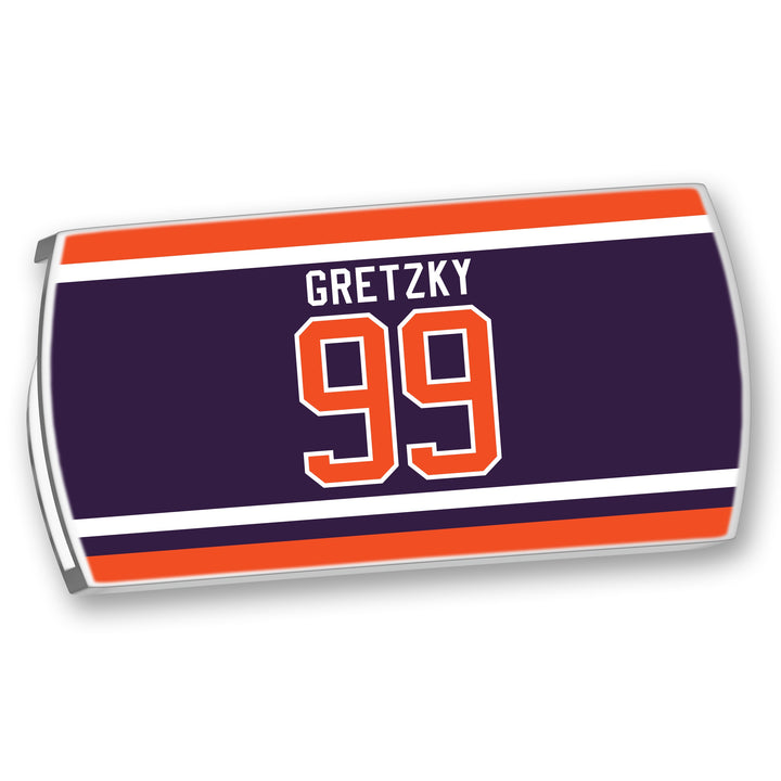 Show your love for hockey with the ZippyBack™ Wayne Gretzky limited edition nameplate—Wayne Gretzky above 99 in orange and white on dark blue with red and white stripes. A tribute to a true professional hockey legend.