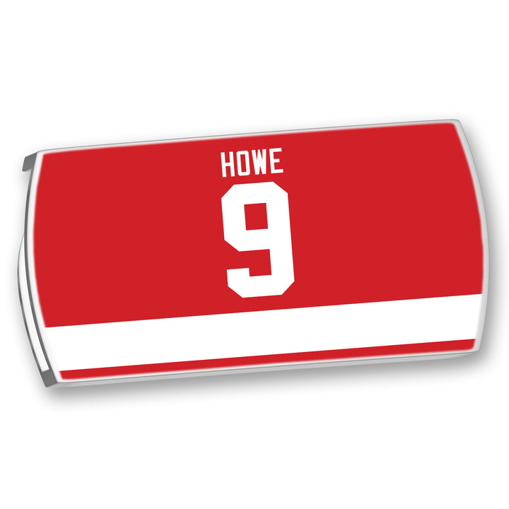 A limited edition ZippyBack™ Rafters Series 1 red hockey jersey featuring Gordie Howe’s name and number 9 in bold white on the back with a white horizontal stripe—a true tribute to the legend.
