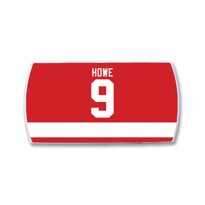The ZippyBack™ Gordie Howe patch features a red rectangle with a white stripe, “HOWE” in white above a bold number 9. This Limited Edition is from the Rafters Series 1 collection, honoring hockey legend Gordie Howe.