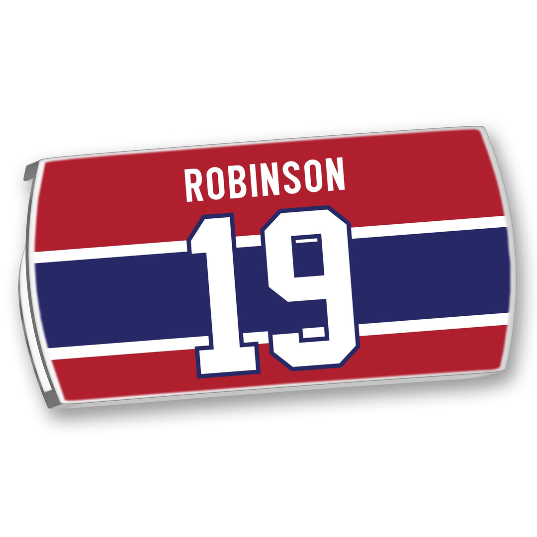 The ZippyBack™ Larry Robinson nameplate showcases "Robinson" in white above a large white number 19 with blue trim on a red, white, and blue design—honoring the iconic defenseman's legendary career.
