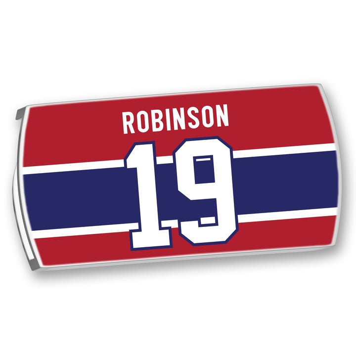 The ZippyBack™ Larry Robinson nameplate showcases "Robinson" in white above a large white number 19 with blue trim on a red, white, and blue design—honoring the iconic defenseman's legendary career.