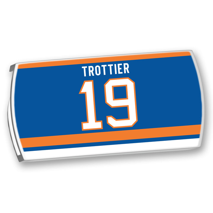 The ZippyBack™ Bryan Trottier nameplate features blue fabric with orange and white stripes, the name TROTTIER above the white number 19 with orange trim, honoring his legacy.