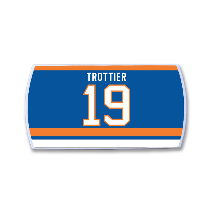 The ZippyBack™ Bryan Trottier patch is a blue hockey jersey patch with orange and white stripes, featuring TROTTIER and the number 19 in bold white letters outlined in orange.