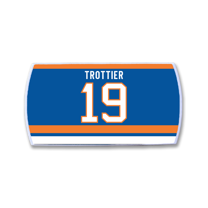 Rectangular ZippyBack™ patch with the name "Bryan Trottier" and number 19 in white with orange trim on a blue background, bordered by orange and white stripes—a tribute to Trottier’s hockey legacy.