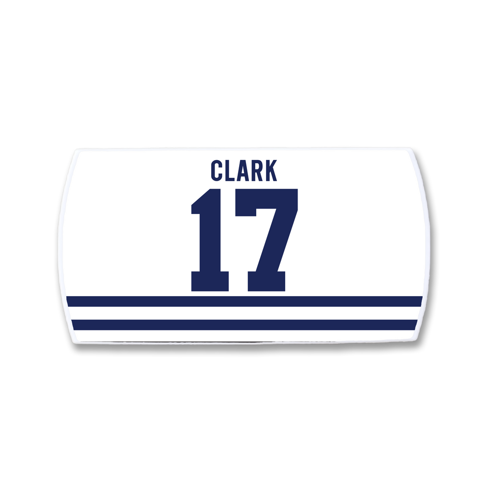 The ZippyBack™ Wendel Clark jersey is white, with “CLARK” above the bold navy number 17 and three horizontal navy stripes below—honoring Wendel Clark’s iconic hockey prowess.