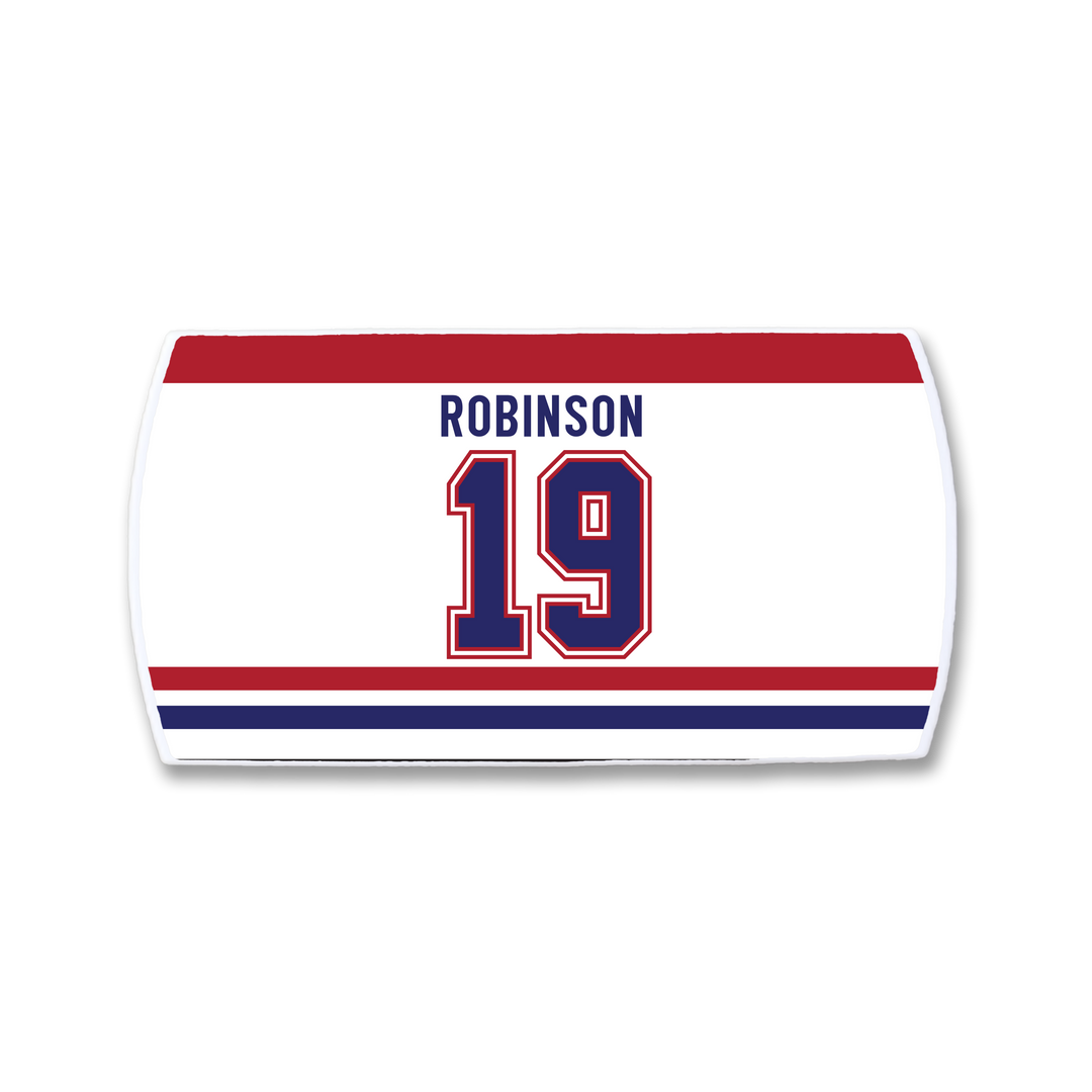 A white rectangular ZippyBack™ tag inspired by Larry Robinson, featuring “ROBINSON” in blue above a large red- and blue-outlined “19,” plus red, blue, and white horizontal stripes at the top and bottom.