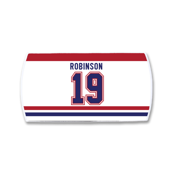 A white rectangular ZippyBack™ tag inspired by Larry Robinson, featuring “ROBINSON” in blue above a large red- and blue-outlined “19,” plus red, blue, and white horizontal stripes at the top and bottom.