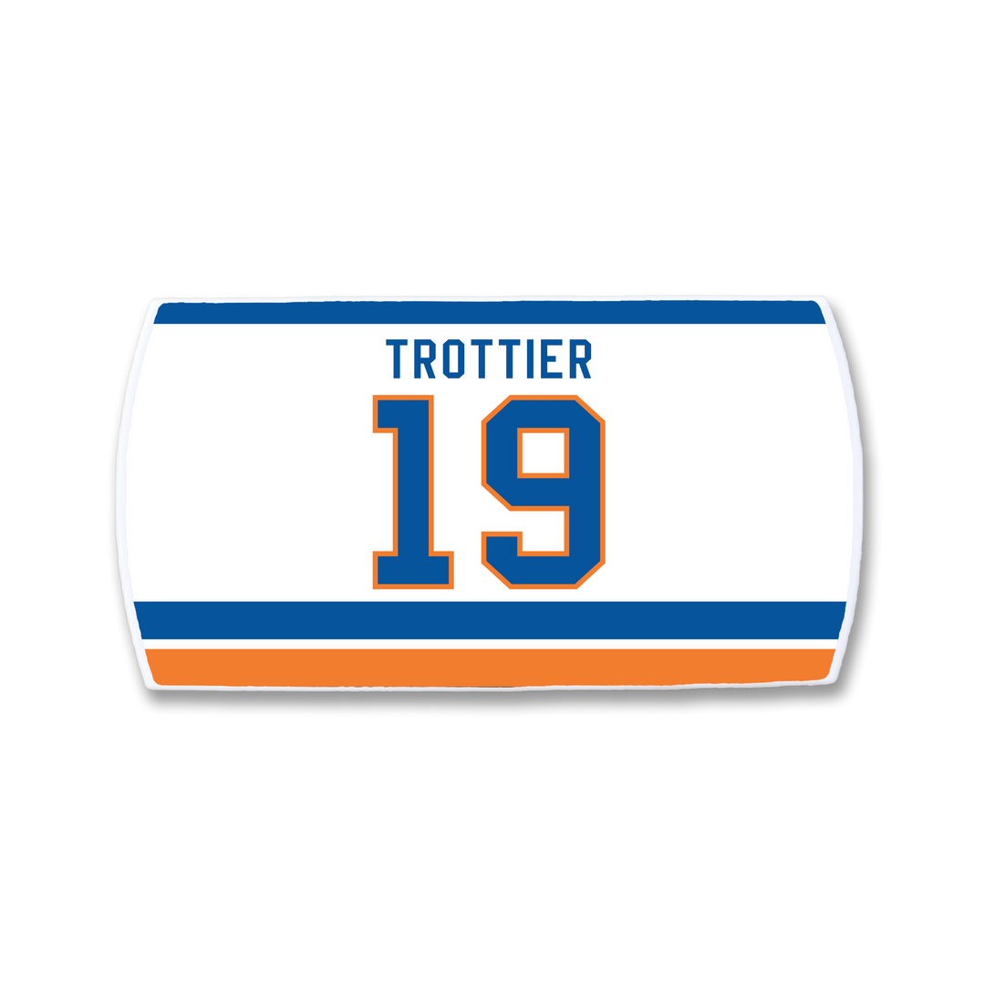 A ZippyBack™ white nameplate honoring Bryan Trottier, featuring blue and orange stripes with TROTTIER and the number 19 in blue outlined with orange, celebrating his leadership and legendary defensive awareness.