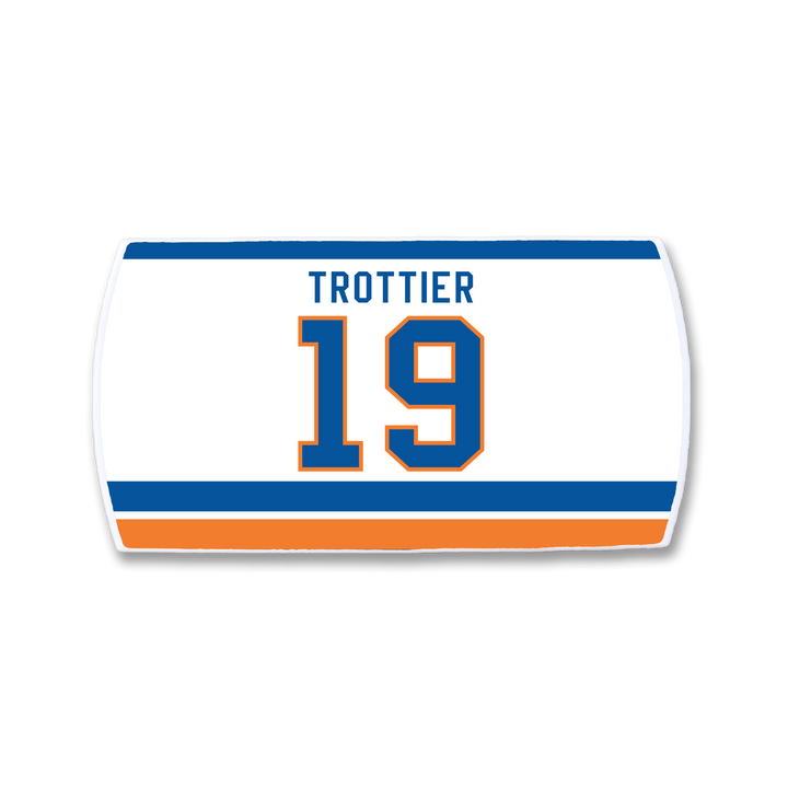 A ZippyBack™ white nameplate honoring Bryan Trottier, featuring blue and orange stripes with TROTTIER and the number 19 in blue outlined with orange, celebrating his leadership and legendary defensive awareness.