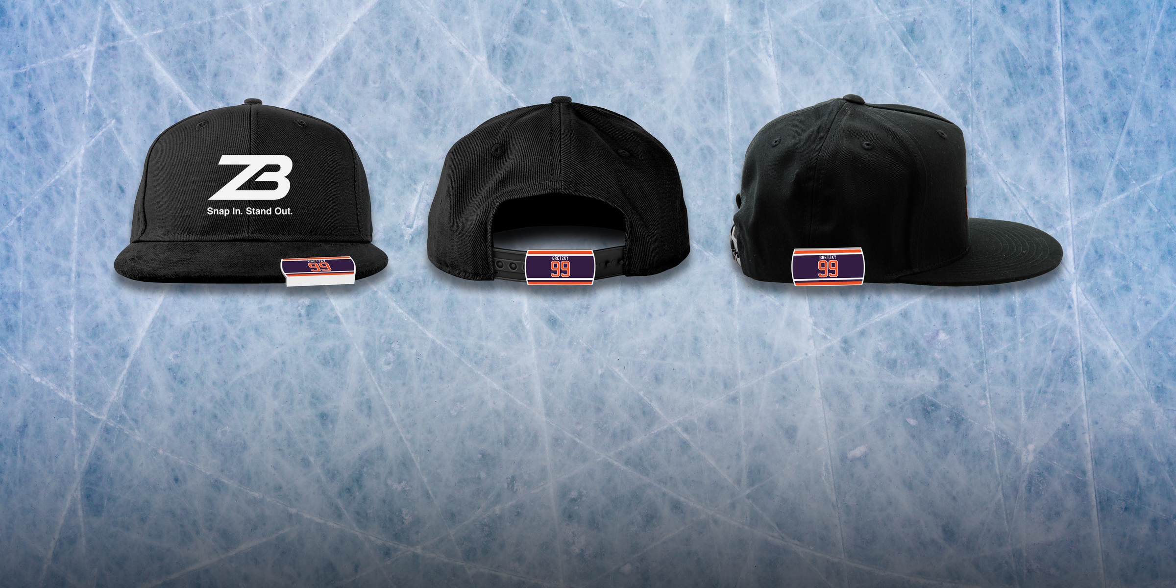 Three black snapback hats are displayed on an ice rink surface, each with an orange and blue digital number “99” label on the back. The front hat also features a white “ZB” logo and the words “Step In. Stand Out.”.