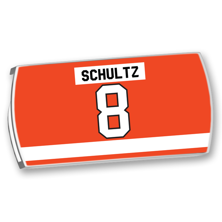 The ZippyBack™ Dave Schultz nameplate features an orange background with a white stripe, SCHULTZ in black text, and a bold white number 8 outlined in black—a nod to his renowned momentum and physical style on the ice.