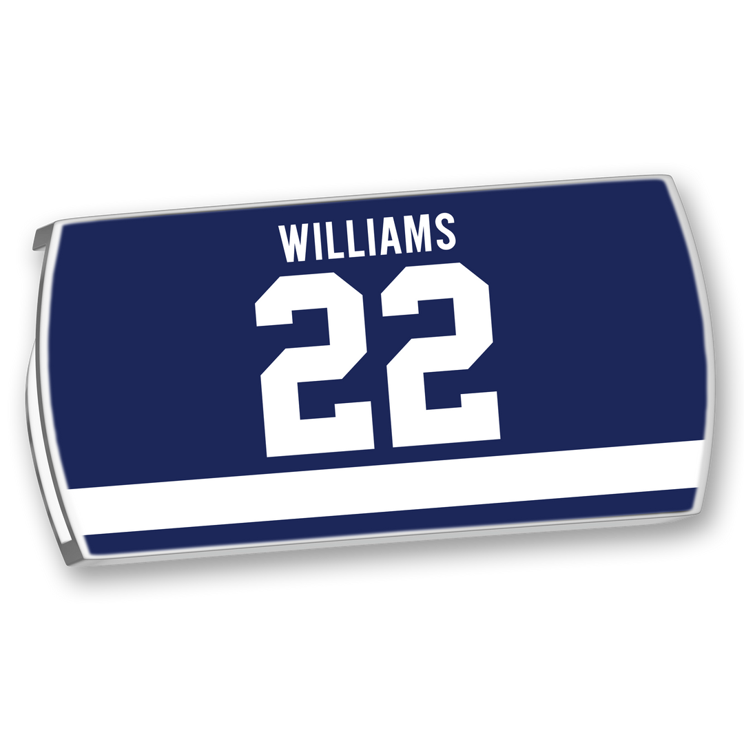 A navy blue ZippyBack™ Tiger Williams jersey sleeve with "WILLIAMS" and number 22 in bold white, plus a single white stripe—celebrating the fearless hockey legend.