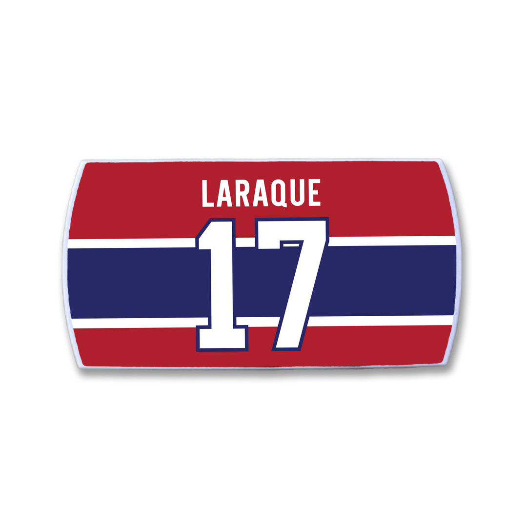 The ZippyBack™ Georges Laraque hockey jersey nameplate features LARAQUE above a bold white number 17 in red, white, and blue, representing heavyweight strength and disciplined play on the ice.