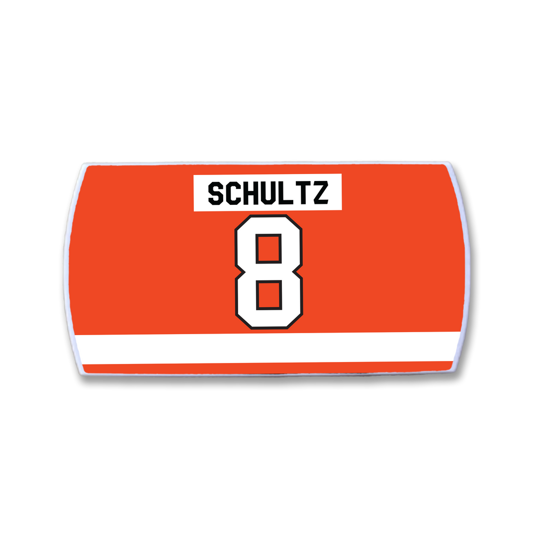 Rectangular orange patch by ZippyBack™ with a white stripe near the bottom, featuring "Dave Schultz" in black above a large white number 8 outlined in black.