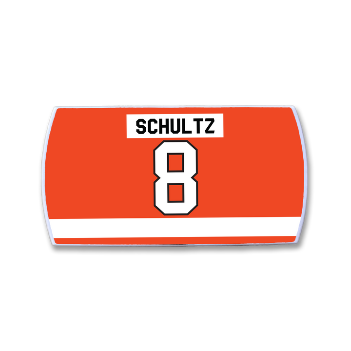 Rectangular orange patch by ZippyBack™ with a white stripe near the bottom, featuring "Dave Schultz" in black above a large white number 8 outlined in black.