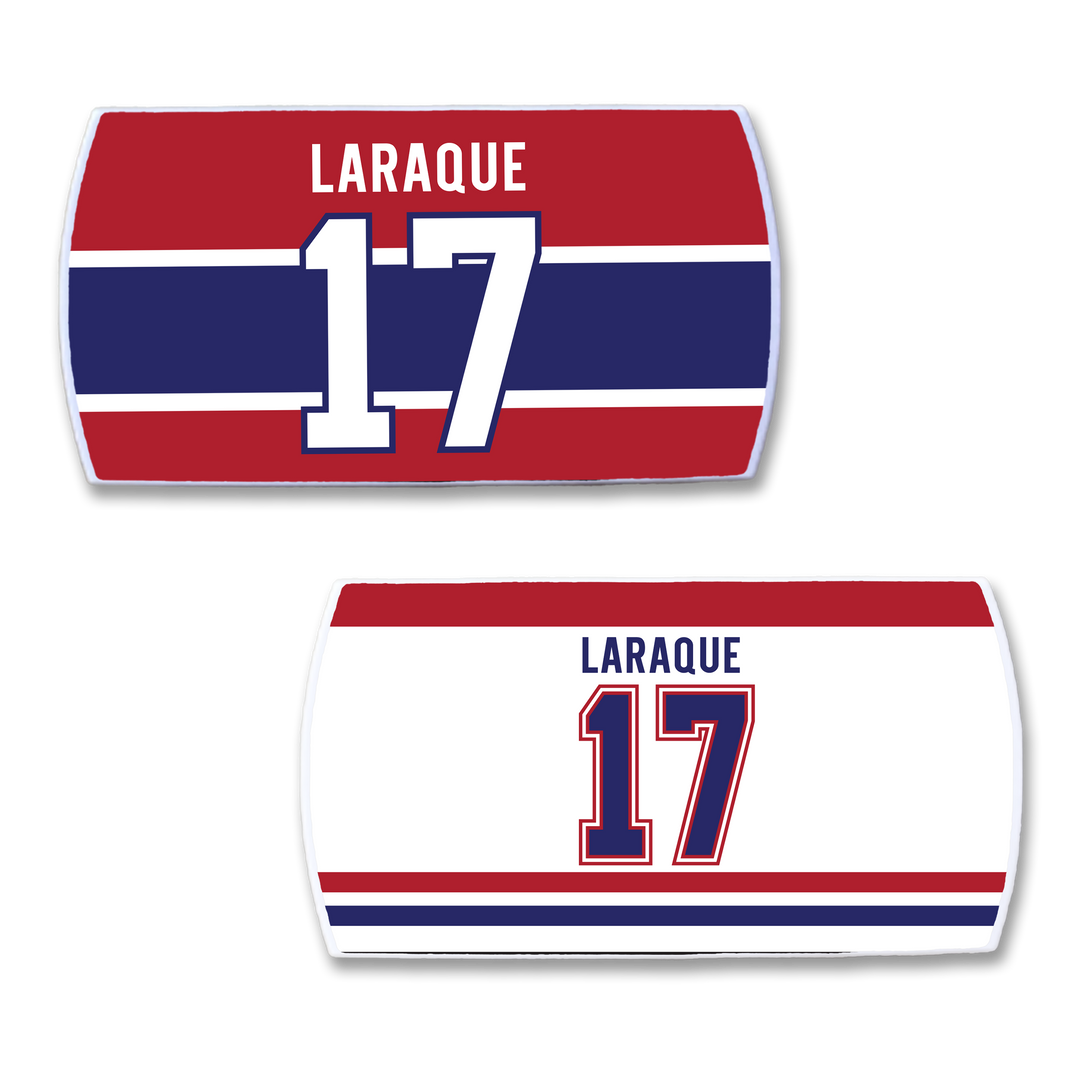 Two ZippyBack™ Georges Laraque hockey jersey nameplates, numbered 17: one with a red and blue background, the other mainly white with red and blue stripes—honoring the toughness of the legendary enforcer.