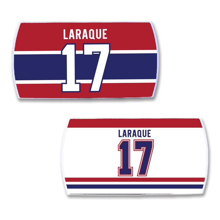Two ZippyBack™ Georges Laraque hockey jersey nameplates, numbered 17: one with a red and blue background, the other mainly white with red and blue stripes—honoring the toughness of the legendary enforcer.