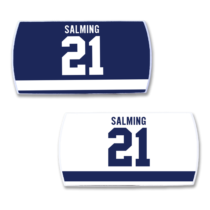 The ZippyBack™ Börje Salming set features two hockey jersey nameplates—one in dark blue with white text, and one in white with blue text and a bold blue stripe—celebrating Salming’s enduring hockey legacy.