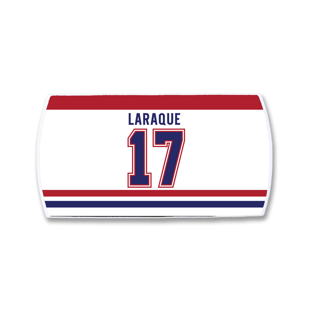 ZippyBack™ Georges Laraque rectangular hockey jersey patch features "LARAQUE" and number 17 in bold blue and red on a white background with classic red and blue stripes, honoring the famed enforcer.