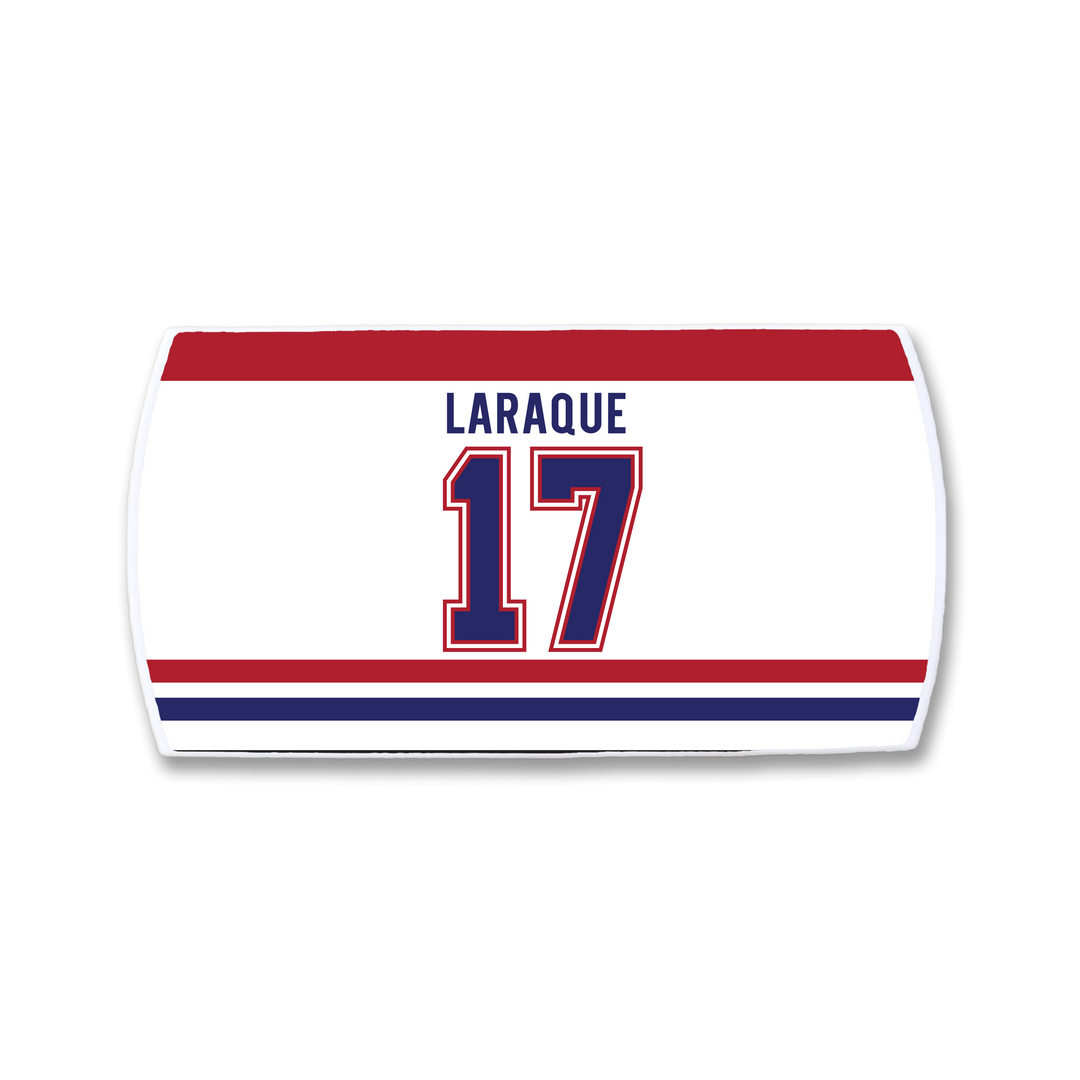 ZippyBack™ Georges Laraque rectangular hockey jersey patch features "LARAQUE" and number 17 in bold blue and red on a white background with classic red and blue stripes, honoring the famed enforcer.