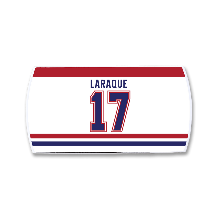 ZippyBack™ Georges Laraque rectangular hockey jersey patch features "LARAQUE" and number 17 in bold blue and red on a white background with classic red and blue stripes, honoring the famed enforcer.