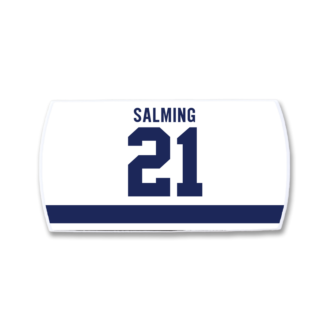 ZippyBack™ Börje Salming white rectangular hockey jersey nameplate features SALMING in blue capitals above number 21 and a bold blue stripe, celebrating the legendary player&