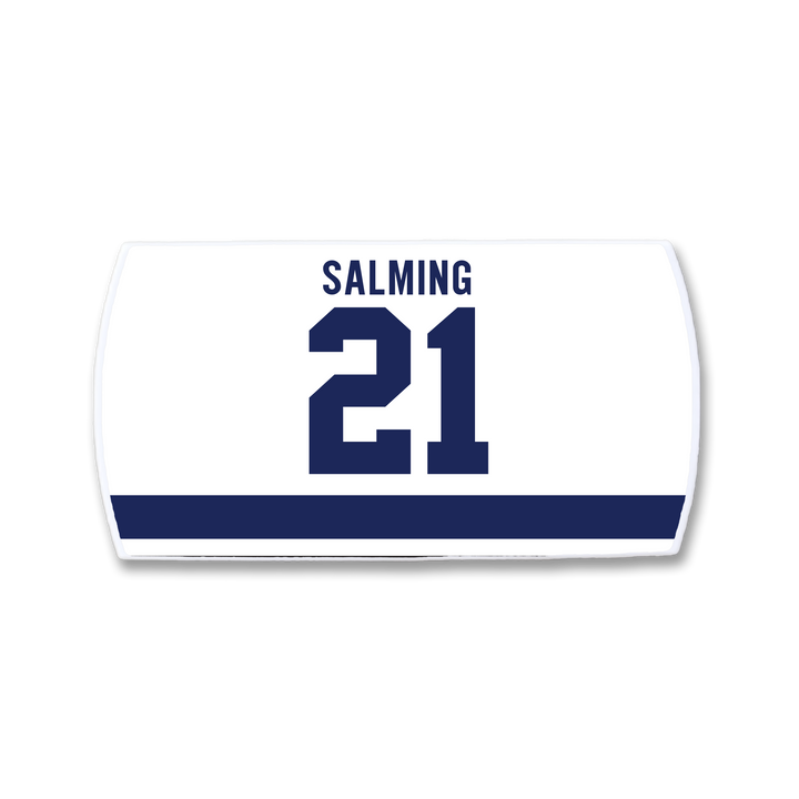 ZippyBack™ Börje Salming white rectangular hockey jersey nameplate features SALMING in blue capitals above number 21 and a bold blue stripe, celebrating the legendary player&