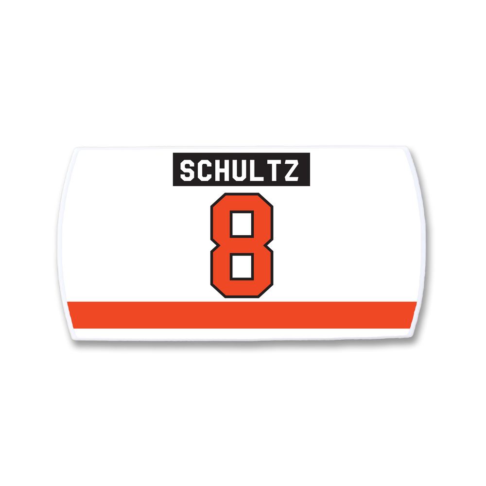 Show your team spirit with the ZippyBack™ Dave Schultz hockey jersey nameplate—white with bold black SCHULTZ, a large red 8, and an orange stripe. An iconic nod to the legendary player.