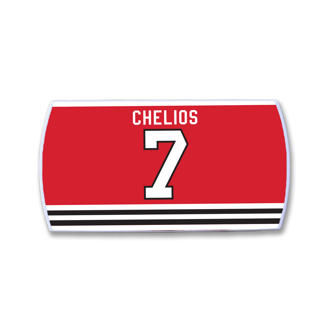 The ZippyBack™ Chris Chelios nameplate features "CHELIOS" in white above a large white number 7 on red, accented with black and white stripes—a tribute to Chelios's legendary hockey career.