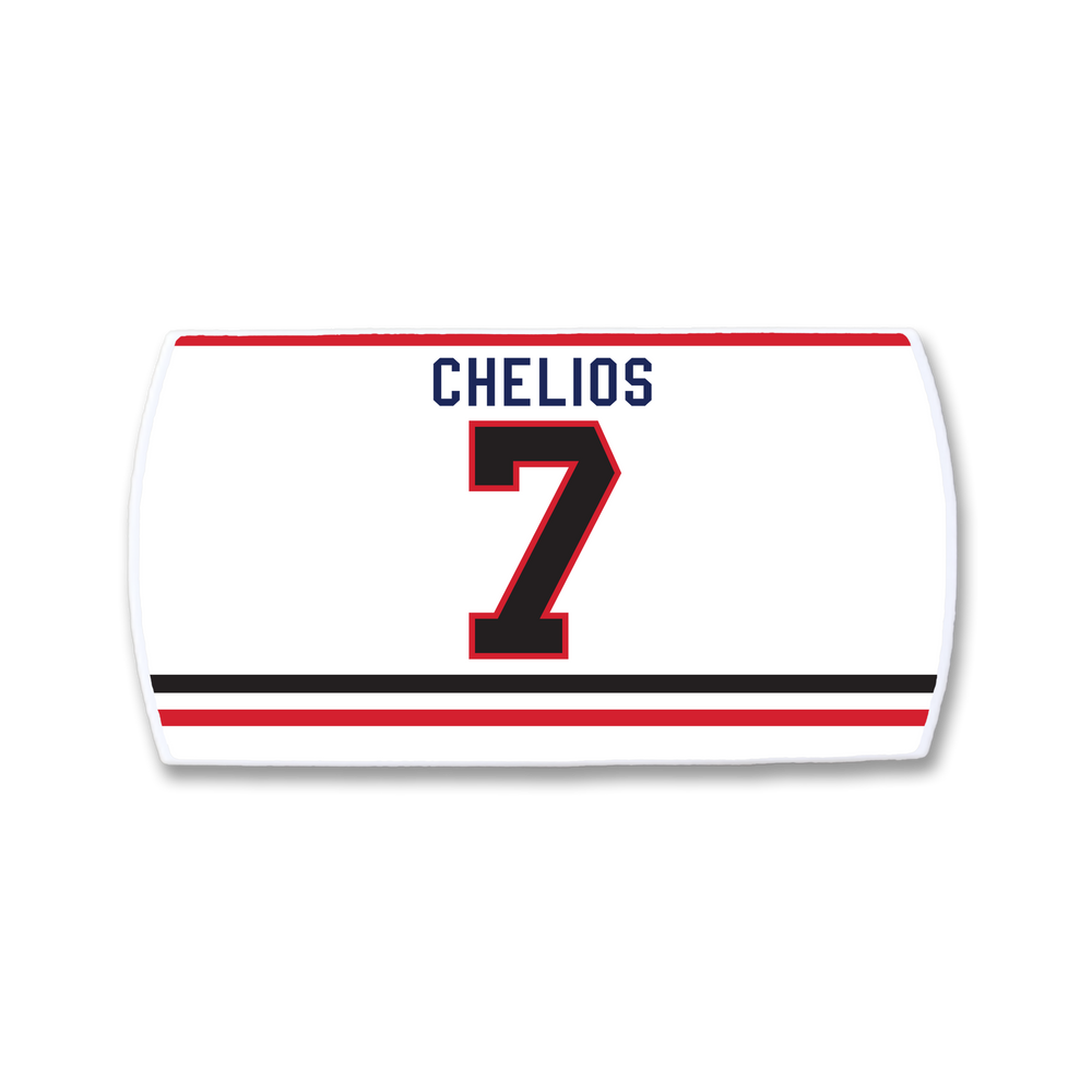 The ZippyBack™ Chris Chelios white hockey jersey features his name in blue above a bold red and black number 7, with durable red and black horizontal stripes near the bottom.