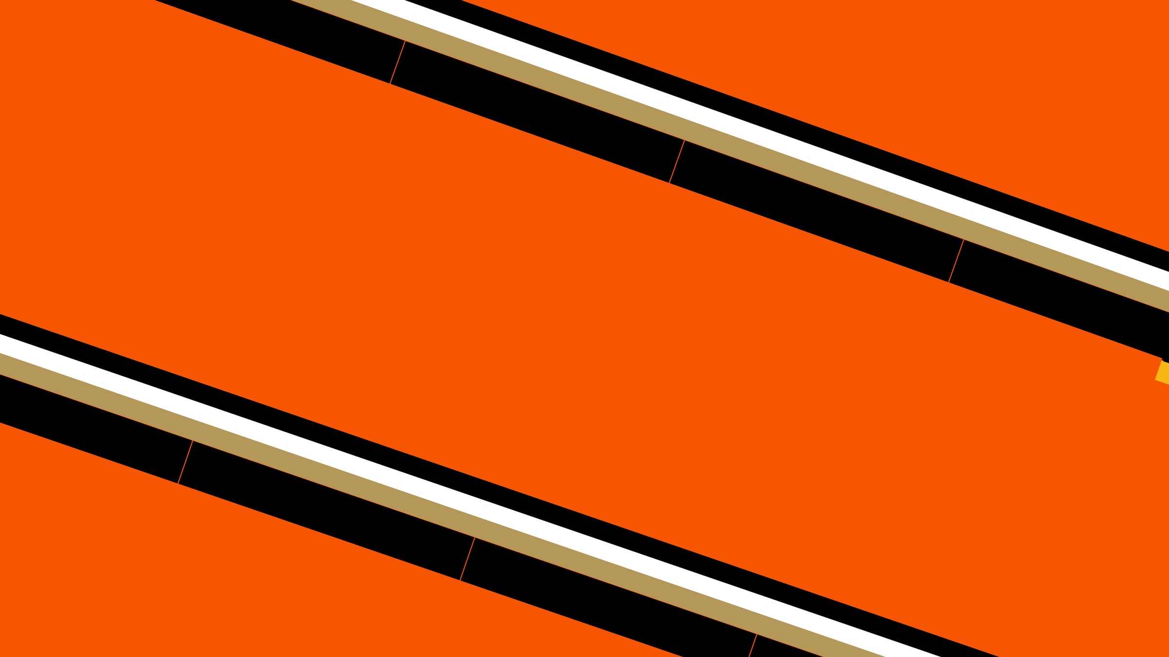 Abstract image with a bright orange background and two diagonal black, gold, and white striped lines running parallel across the image from top left to bottom right.