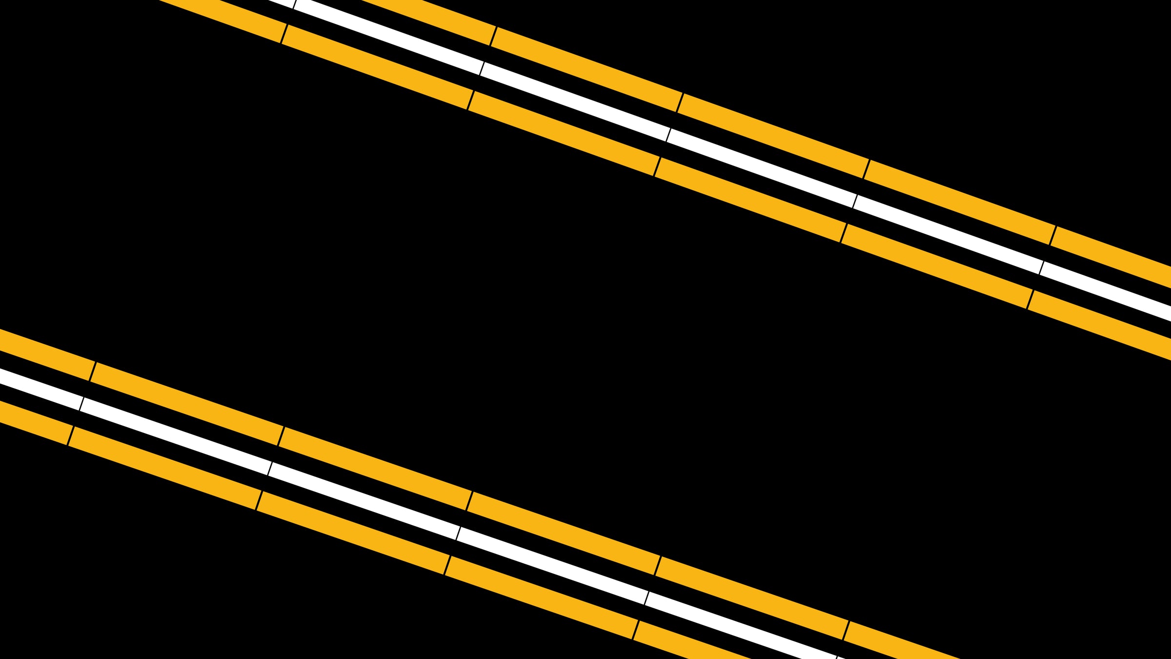 Diagonal yellow, white, and black stripes cross a black background from the top left to the bottom right, forming two parallel bands separated by a wide black space in the middle.