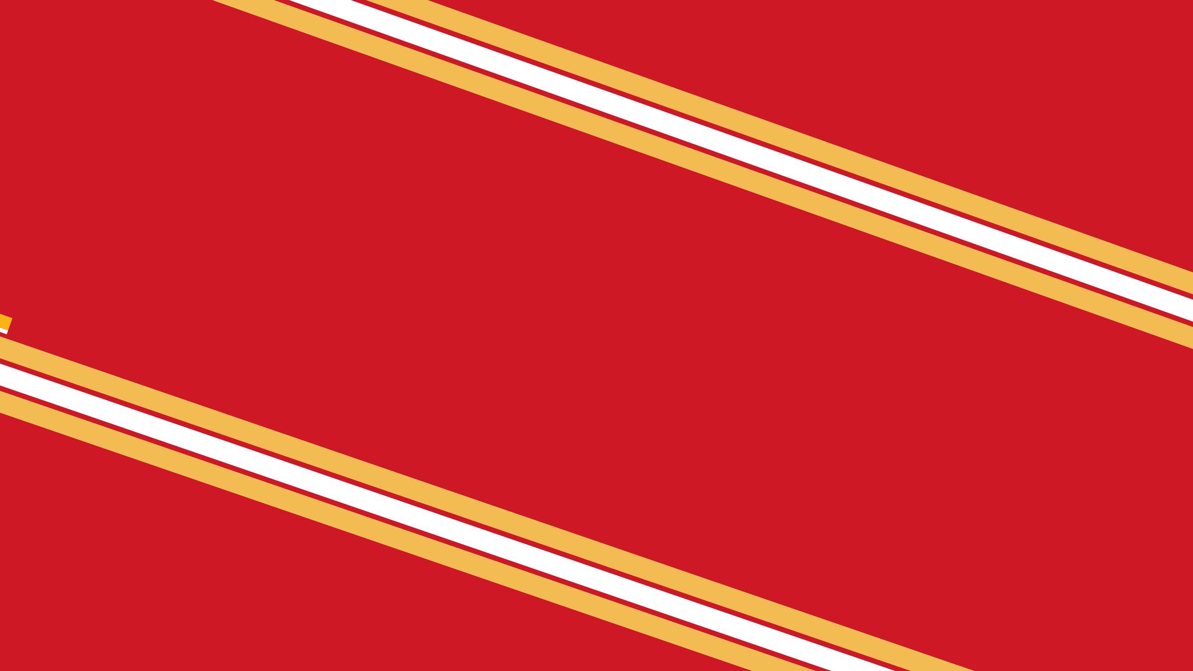 A red background with two parallel diagonal stripes running from the top left to bottom right. Each stripe consists of a white band bordered by thin yellow lines.