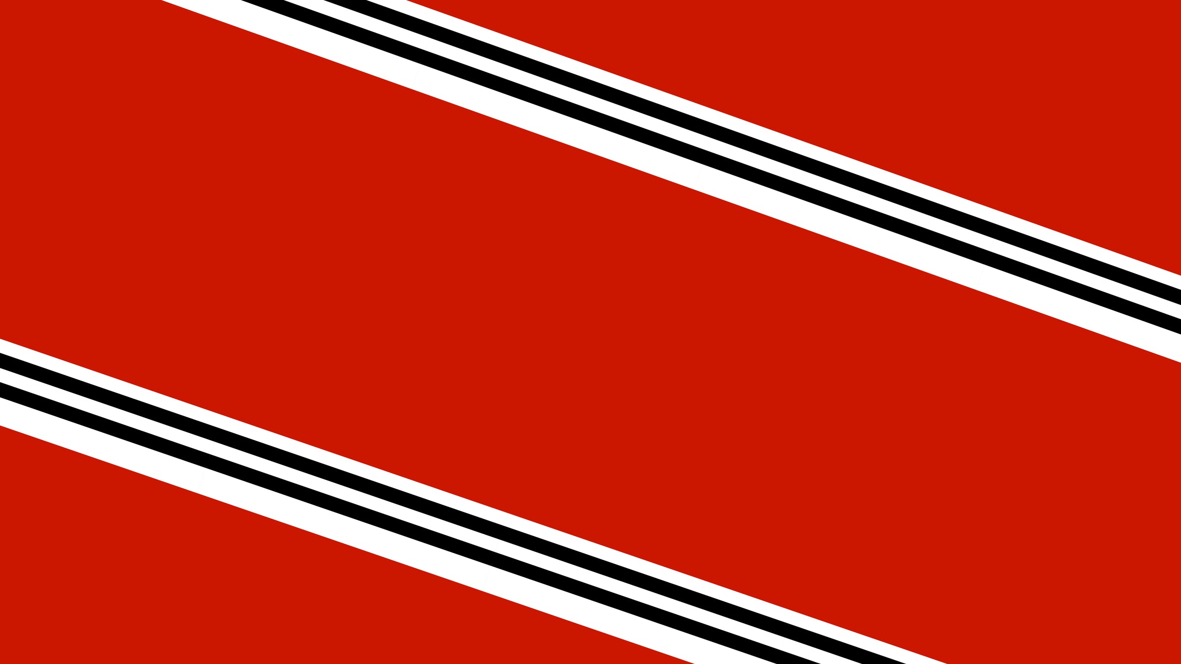 The flag of Trinidad and Tobago: a red background with a diagonal black stripe edged in white running from the top left to the bottom right.