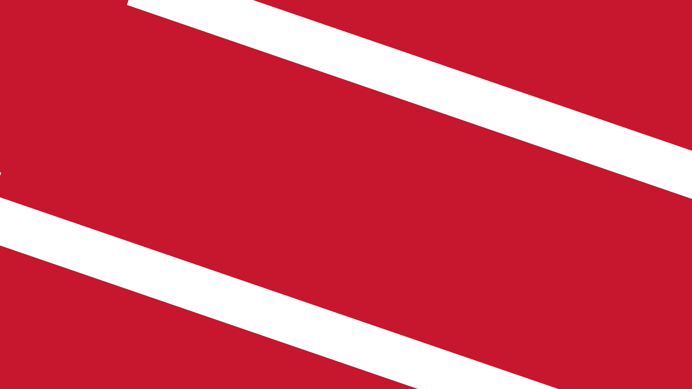 Red background with three diagonal white stripes running from the top right to the bottom left, creating bold geometric shapes and angles.
