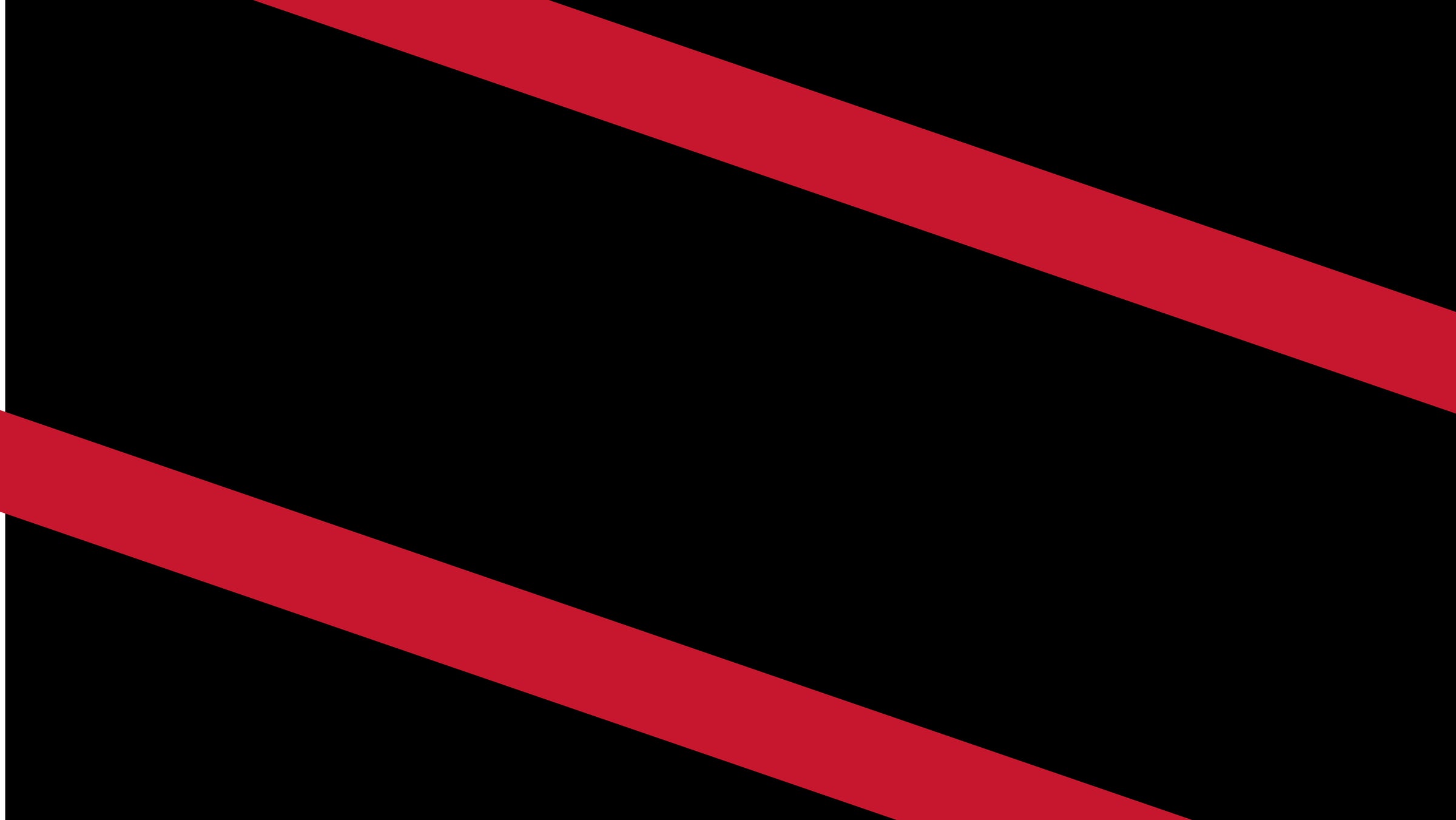 The image is a flag with a black background, crossed diagonally from the top left to the bottom right by a thick red stripe bordered by thin white stripes. This is the national flag of Trinidad and Tobago.
