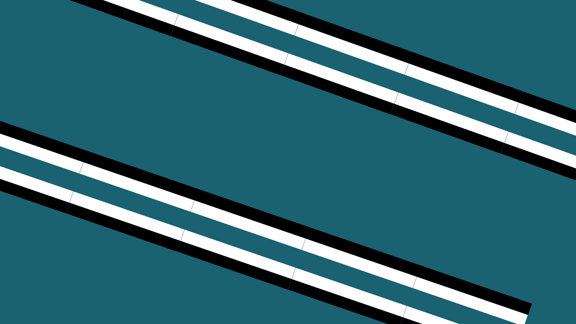 Diagonal parallel bands consisting of black and white stripes cross a teal background from the top left to the bottom right, creating a bold geometric pattern.