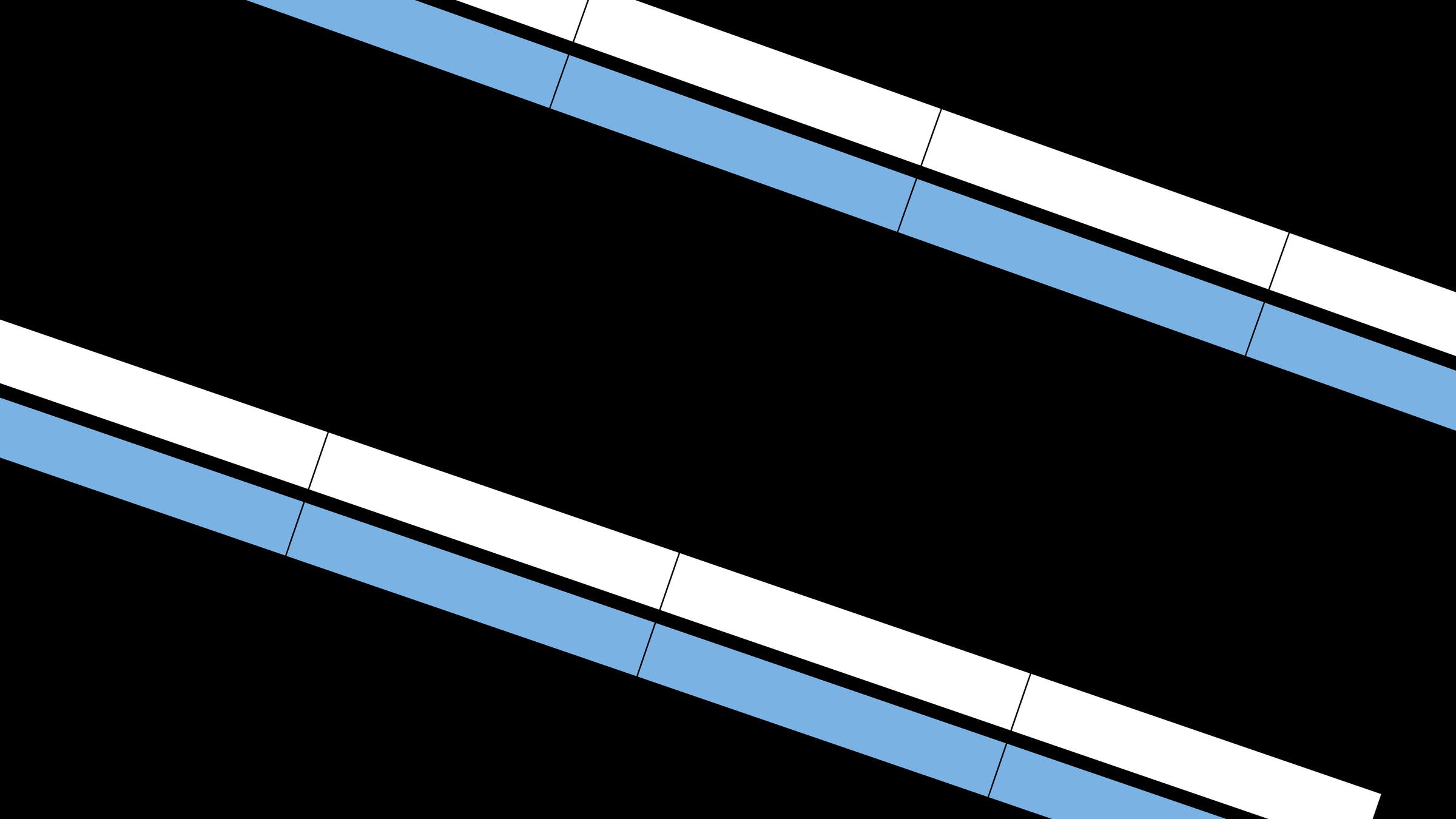 Abstract geometric image with diagonal black, white, and blue stripes, intersected by thin, straight black lines. The pattern repeats with alternating colors, giving a dynamic, modern appearance. No discernible objects or figures.