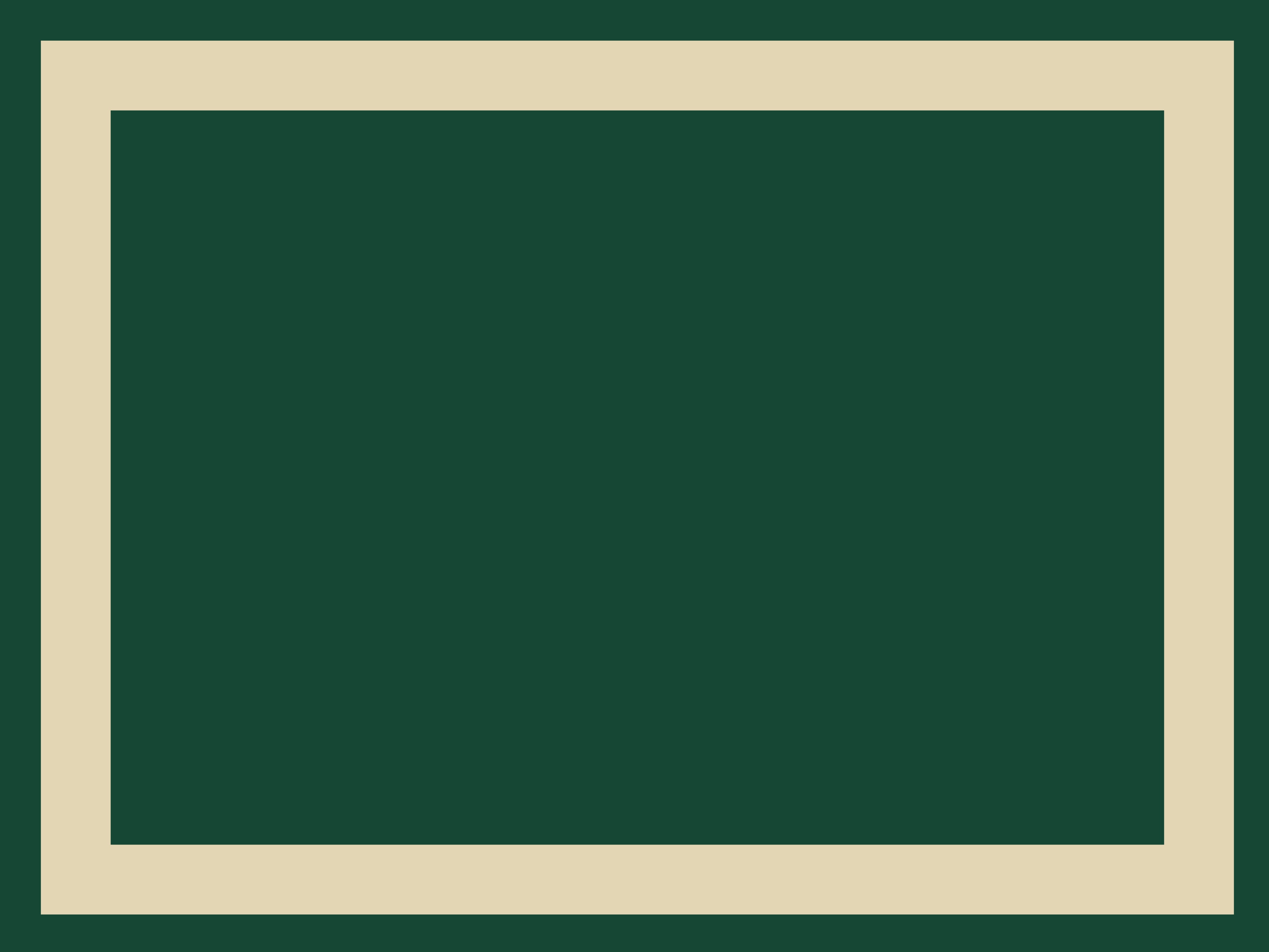 A simple geometric design featuring a large dark green rectangle bordered by a thick beige frame, set against a dark green background.