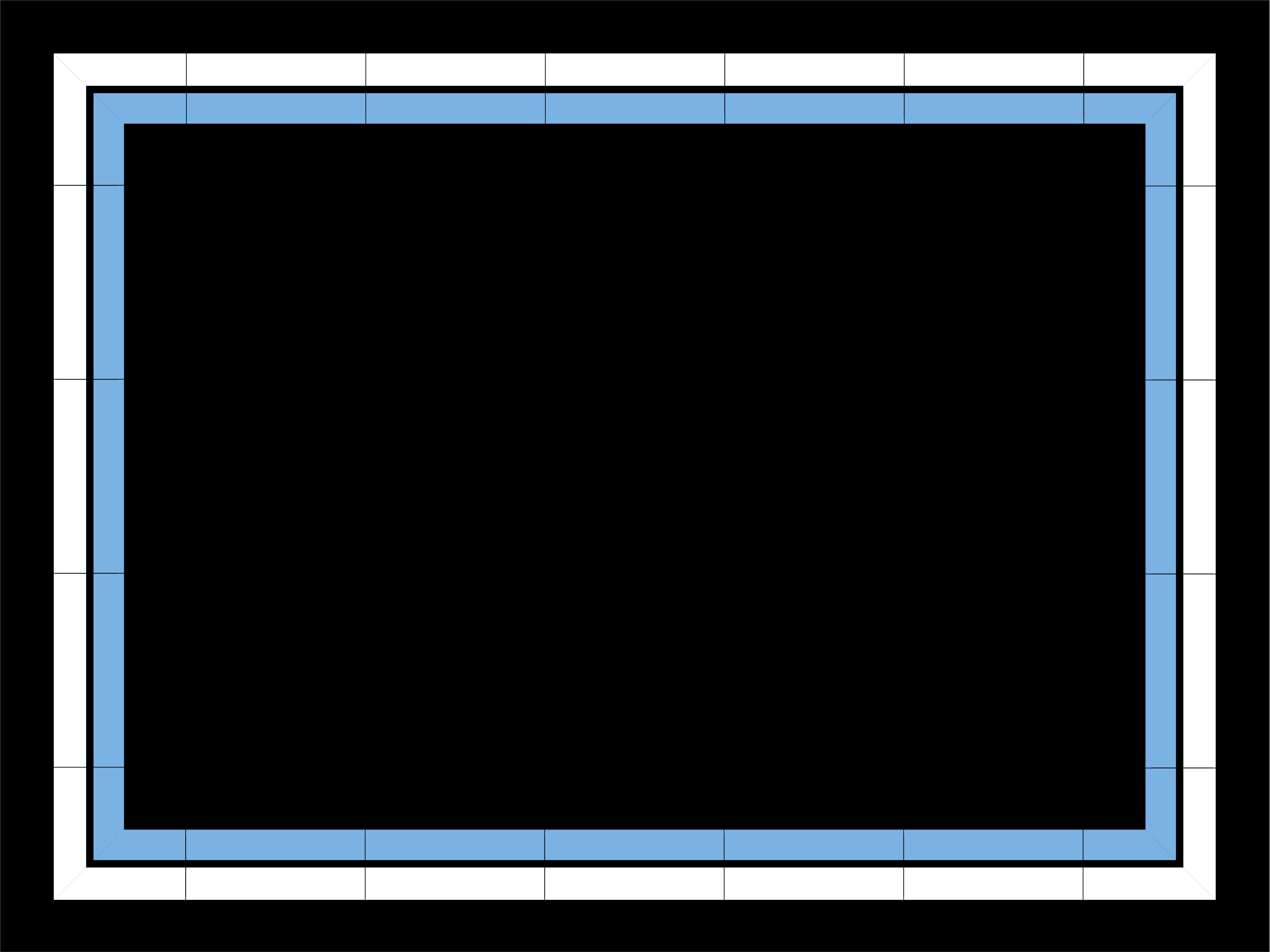 A black rectangle bordered by a light blue line, a thin black line, and a white outermost border, all forming concentric rectangles on a grid background.